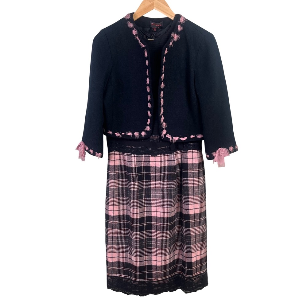 Cynthia Howie 2 Piece Pink Plaid Black Bolero Jacket Sleeveless Sheath Dress‎ 8